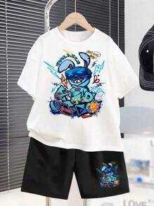 SHEIN Leap Crew CONEJO, conjunto informal de 2 piezas con pantalón corto y camiseta de manga corta y cuello redondo para niños preadolescentes, adecuado para el verano - Multicolor - Ver 1