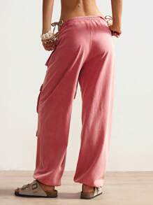 Bohemela Pantalones largos de mujer con bolsillos de punto de unicolor, decorados con cordón en el bajo, informales para el Día de la Independencia, Graduación - Rojo - Ver 3