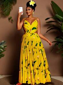 Maweii 大码女式露背系带印花褶皱及地长连衣裙，节日装