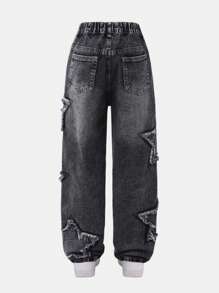 SHEIN Jeans de denim azul claro con bordado de estrella de cinco puntas para niñas preadolescentes, estilo Y2K, corte recto suelto, pantalón casual de moda para la calle - Gris - Ver 2