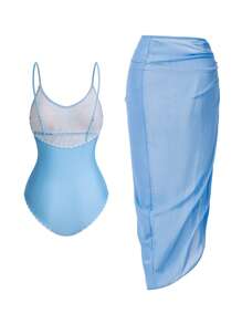 Swim Oasis Women's Embroidered Dog Tooth Contrast Color Floral Mesh One-Piece Swimsuit, Elegant Casual For Spring, Summer, Vacation, Beach Party, 2-Piece Set