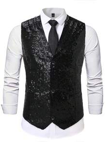 Manfinity AFTRDRK Men's Sequin Decorated Minimalist Fashion V-Neck Sleeveless Vest Men Party Prom Waistcoat - Black - View 2