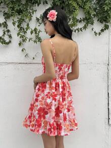 SHEIN Leap Crew Teen Girl Casual Floral Pattern Backless Drawstring Waist Mini Dress, Comfortable & Minimalist - Hot Pink - View 2