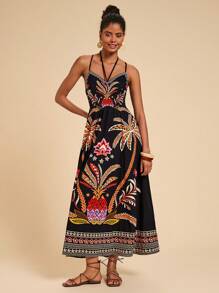 Travachic Women's Palm Tree Print Casual Cami Midi Dress For Vacation,Tropical Print Midi Dress,