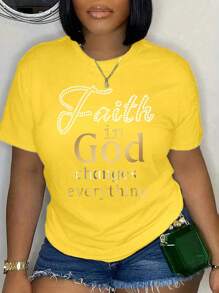 EMERY ROSE Plus Size Women's Crew Neck Short Sleeve Fashionable T-Shirt, Suitable For Summer - Yellow - View 1