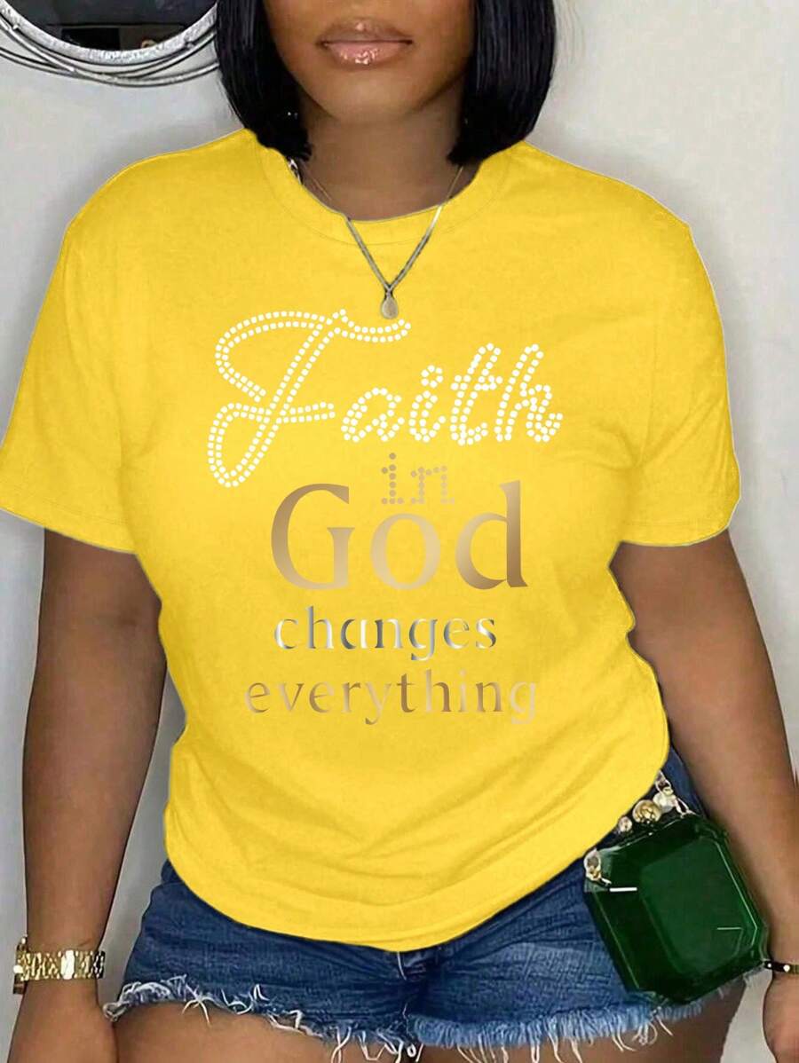 EMERY ROSE Plus Size Women's Crew Neck Short Sleeve Fashionable T-Shirt, Suitable For Summer - Yellow - View 1