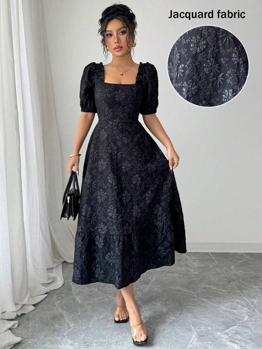 Selianne Váy đi nghỉ chữ A tay loe họa tiết hoa cúc vải jacquard trơn màu cho nữ - màu đen - Xem 1