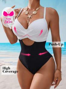Swim DD+ DD+ Textured Push-Up Plunge Bra With Contrasting Color Hollow Out Straps For Women For Summer Beach Vacation - Black and White - View 3