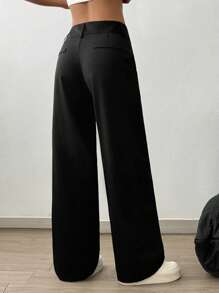 Flirla Petite Women Casual Solid Color Straight Leg Pants Fall Cloth For Women - Black - View 2