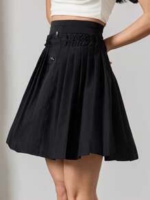 Heiryn Women's Solid Color Button Design Pleated Short Skirt, Elegant - Black - View 1