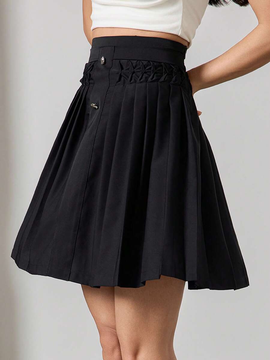 Heiryn Women's Solid Color Button Design Pleated Short Skirt, Elegant - Black - View 1