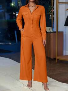 INAWLY Bộ đồ liền thân dài tay có túi cài nút phía trước màu trơn dành cho nữ, thường ngày - trái cam - Xem 4