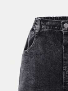 SHEIN Jeans de denim azul claro con bordado de estrella de cinco puntas para niñas preadolescentes, estilo Y2K, corte recto suelto, pantalón casual de moda para la calle - Gris - Ver 3