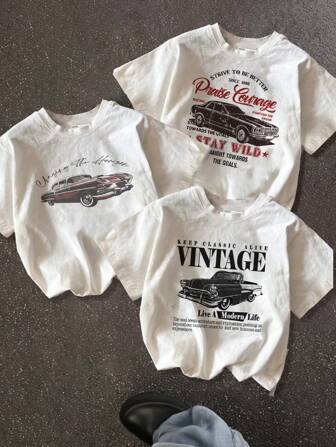 SHEIN EZwear Set de 3 camisetas holgadas de cuello redondo con gráfico de temporada de carreras, de estilo minimalista y versátil, adecuadas para verano, vacaciones, playa y festivales de música