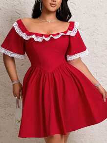 Flirla Vestido con volantes, parches de encaje y mangas con volumen para talla grande, para primavera/verano - Rojo - Ver 5