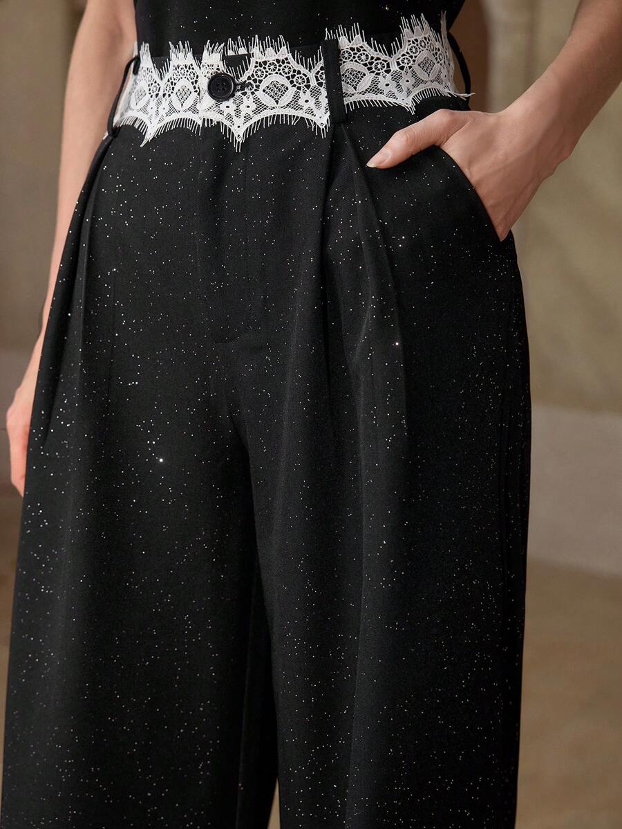 MOTF PREMIUM CONTRAST LACE PRESS CREASE SUIT PANTS - Black - View 2