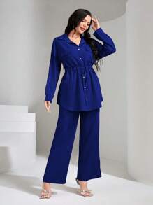 Graceveil Flap Pocket Drawstring Waist Shirt & Wide Leg Pants 2 Pieces Set Modest - Blue - View 5