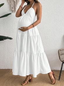 SHEIN Maternity Comfortable Halter Backless Ruffle Hem Sleeveless Dress - White - View 5