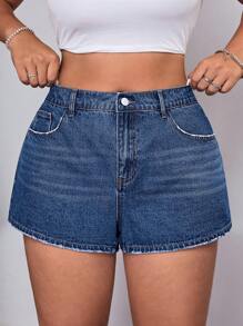 SHEIN ICON Plus Size Women Summer Casual Dark Blue Washed Denim Shorts, Loose Fit - Dark Wash - View 5