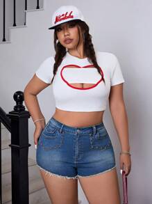 SHEIN ICON Pantalones cortos de mezclilla vintage lavada talla grande para mujer, frescos y elegantes para el verano - Azul lavado medio - Ver 4