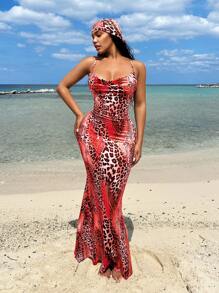 SHEIN SXY Vestido escotado de tirantes finos con estampado de leopardo en estilo bohemio y playa para mujer, para verano