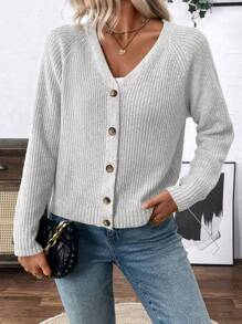 EMERY ROSE 女士百搭V领开衫毛衣外套，宽松休闲简约风格