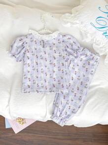 2pcs Baby GirlSoft & Comfy Purple Cute Rabbit Floral Print Top With Embroidered Collar & Back Keyhole Closure,Paired With Pants, Lovely Loungewear Set - Purple - View 2