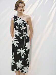 Lumivelle Women's Elegant Resort Slit Palm Tree Plant Print One Shoulder Dress - Black - View 6