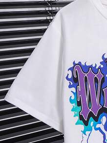 Set de 2 piezas para niño preadolescente con camiseta de cuello redondo blanca casual deportiva y pantalones cortos negros con estampado de oso europeo y americano de graffiti, adecuado para ropa de niños, atuendos de niño pequeño, de vuelta al cole, apto para fiestas de cumpleaños, fiestas de noche, actuaciones, bodas, bautizos, ceremonias de apertura, apto para uso diario, apto para la escuela, apto para viajes, apto para deportes, apto para primavera y verano