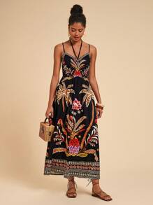 Travachic Women's Palm Tree Print Casual Cami Midi Dress For Vacation,Tropical Print Midi Dress,