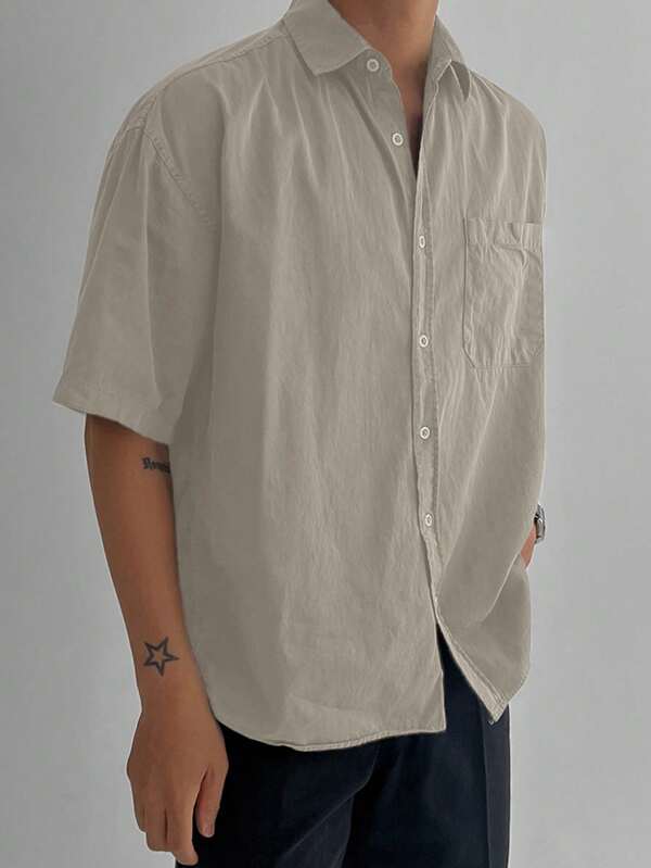 DAZY Solid Color Men's Pocket Short Sleeve Shirt, Summer