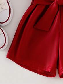 SHEIN 少女休闲短袖连体裤（配腰带） - 酒紅色 - 查看 3