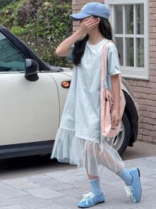 DAZY Vestido de punto de manga corta con cuello redondo y parches de malla para niñas talla grande, ropa de verano y vuelta al colegio