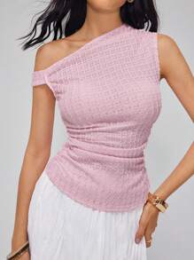 Roylia Women's Elegant Shoulder Strap Textured Knit Sleeveless Gathered Blouse, Versatile - Pink - View 1