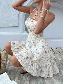 Serisse Women's Summer Holiday Ditsy Floral Print Ruffle Hem Spaghetti Strap Beach Dress,Bohemian Clothes Vacation Resort
