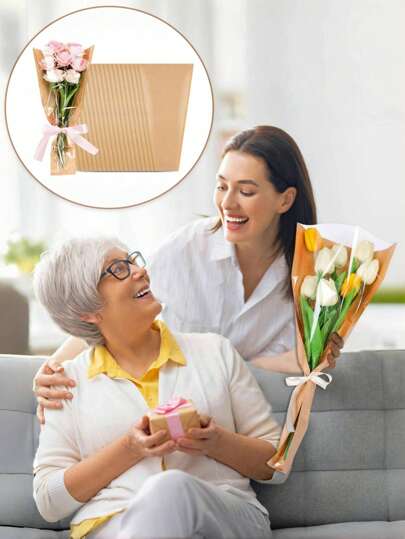 Flower Paper Wrap, 9.8x3.9x17.7 Inch(25x10x45cm)Sleeves Bouquet Bags, Kraft Paper Flower Wrap For Wedding Birthday Graduation Valentine's Day Graduation, Mother Day Gift