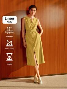 Uhlyne Đầm midi vải lanh hở lưng thanh lịch không tay có thắt lưng cho nữ - Màu vàng - Xem 8