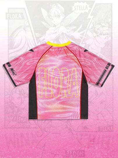 Winx Club X ROMWE Men's Anime Jersey Contrast Color Cartoon Figure Graphic Printed V-Neck Short Sleeve Polo Shirt