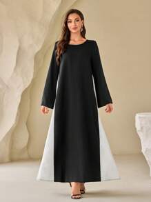 Al Najma Contrast Color Round Neck Elegant Long Sleeve Arabian Dress, Modest - Black - View 4
