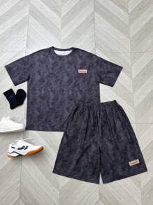 SHEIN 2pcs/Set Teen Boys Casual Black Printed Short Sleeve T-Shirt And Shorts Set, Street Punk Rock School Style, Suitable For Spring & Summer Occasions - Black - View 1