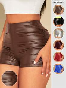 SHEIN SXY Ruched PU Leather Shorts - Chocolate Brown - View 1