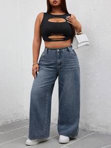 SHEIN SXY Plus Size Solid Color Pocketed Casual Wide-Leg Jeans - Blue - View 5