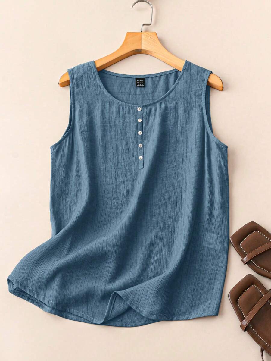EMERY ROSE Áo ba lỗ cổ tròn cài nút màu trơn đơn giản cho nữ, mùa hè - Màu xanh lam - Xem 1