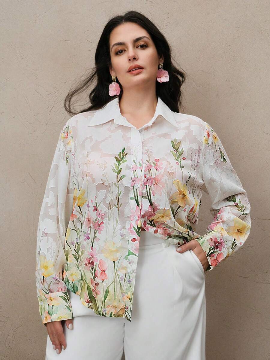 Anewsta Ladies' Plus Size Woven Digital Positioning Printed Fashionable White Long Sleeved Shirt - Green - View 1