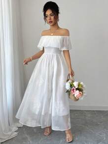 Rafferiza Women's Solid Color Off Shoulder Open Slit To Thigh Elegant Dress - White - View 3