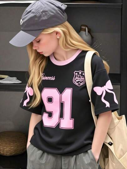 Tween Girls Fashion Street Style 91 Graphic Color Block Round Neck T-Shirt, Summer Youth Boys Shirt Teen Girl Number Shirt Over Sized T Shirts For Girls For 12 To13 Girls Jersey Teen Girl T Shirts Set