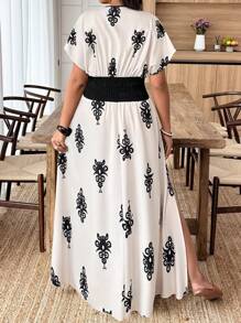 Weeklong Vestido de mujer de talla grande con cuello en V profundo, manga corta con volantes y estampado de vacaciones