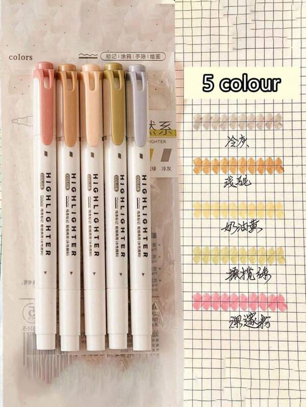 SHEIN 5pcs Dual Tip Fluorescent Marker Pen Set For Highlighter Underlining Sketching Drawing, Multicolor, Students Stationery Back To School
