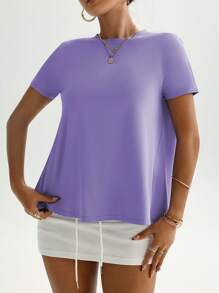 1pc Women's Purple Short Sleeve Yoga/Fitness/Outdoor Activities Sports Crop Top With Back Slit - Purple - View 7