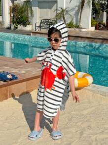 SHEIN 1pc Young Boys' Casual Cartoon Crab Striped Hooded Sleeveless Romper Swimsuit Robe, Suitable For Spring/Summer, Beach/Water Activities - Multicolor - View 5